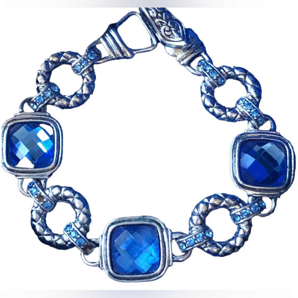 Checkerboard Cut Faux Stones Blue & Silver Tone Link Bracelet Magnetic Clasp